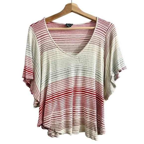 Ella Moss SMALL Cream Red Striped Knit Top Flutter Sleeve Handkerchief Hem - Picture 1 of 10